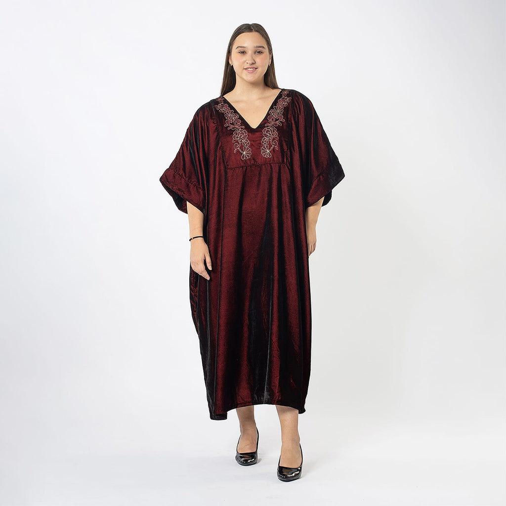 Front Yoke Embroidered Velvet Dress (One Size 8 -18) - Wine Red
