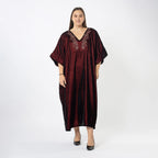 Front Yoke Embroidered Velvet Dress (One Size 8 -18) - Wine Red
