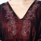 Front Yoke Embroidered Velvet Dress (One Size 8 -18) - Wine Red