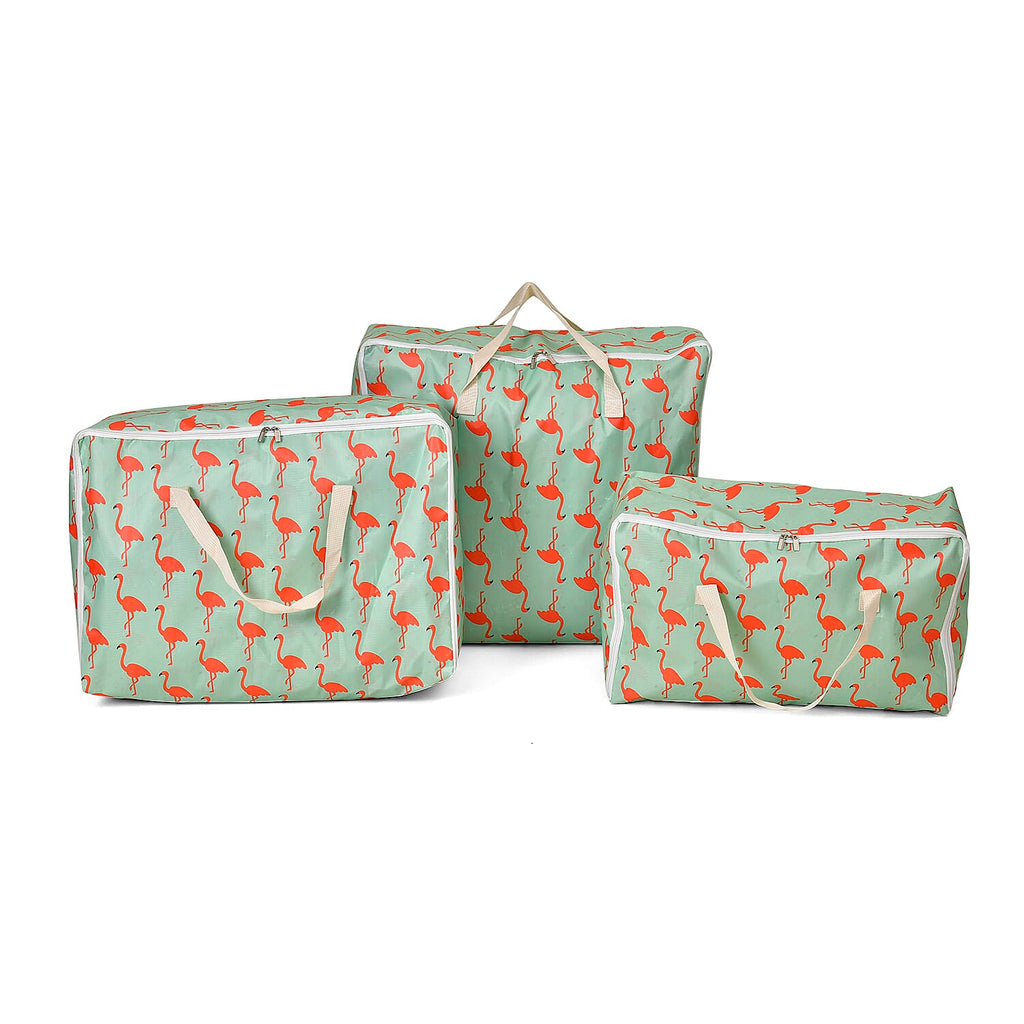 Set of 3 Flamingo Pattern Storage Bags - Green