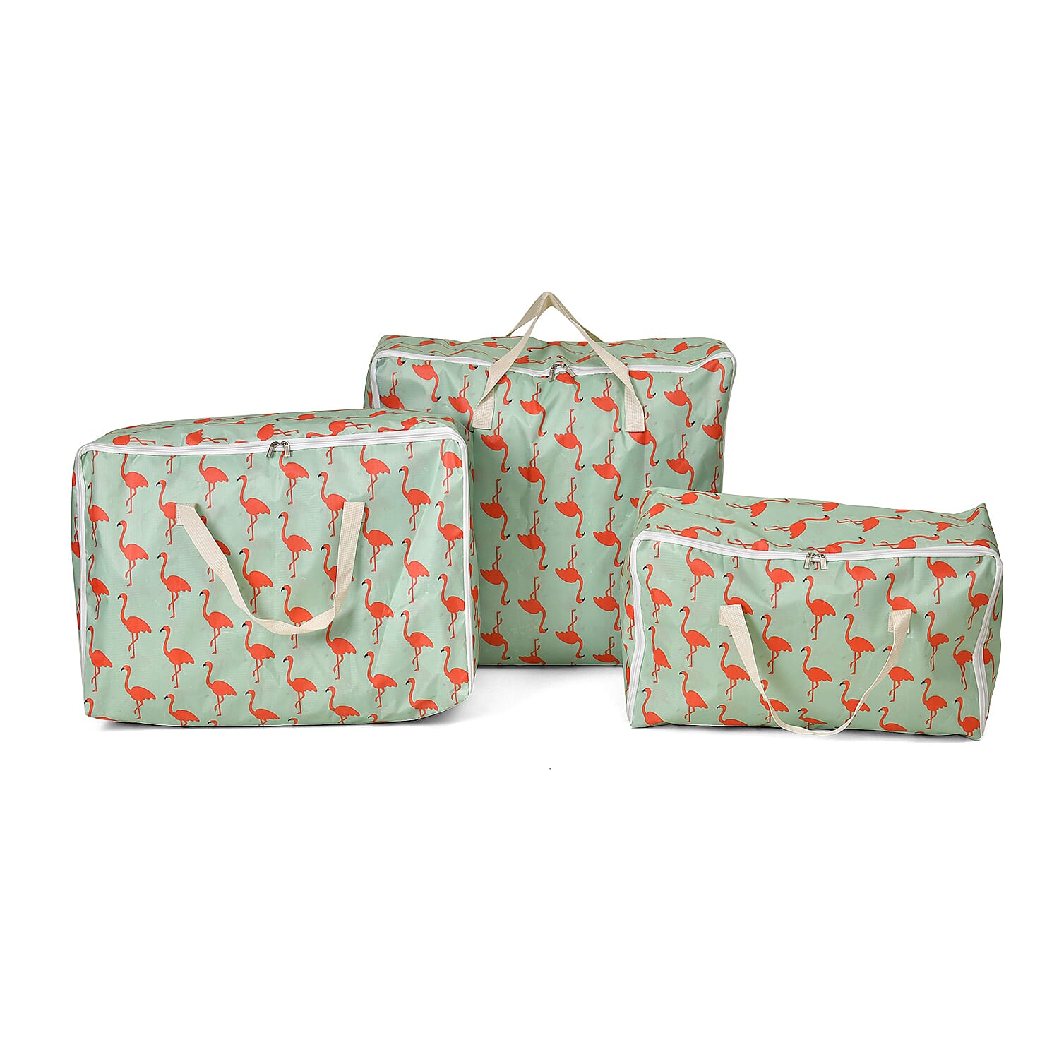 Set of 3 Flamingo Printed Storage Bags - Green 7695308 0