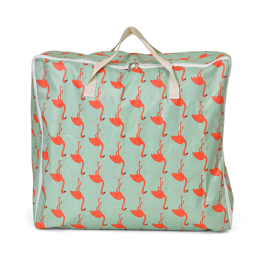 Set of 3 Flamingo Pattern Storage Bags - Green