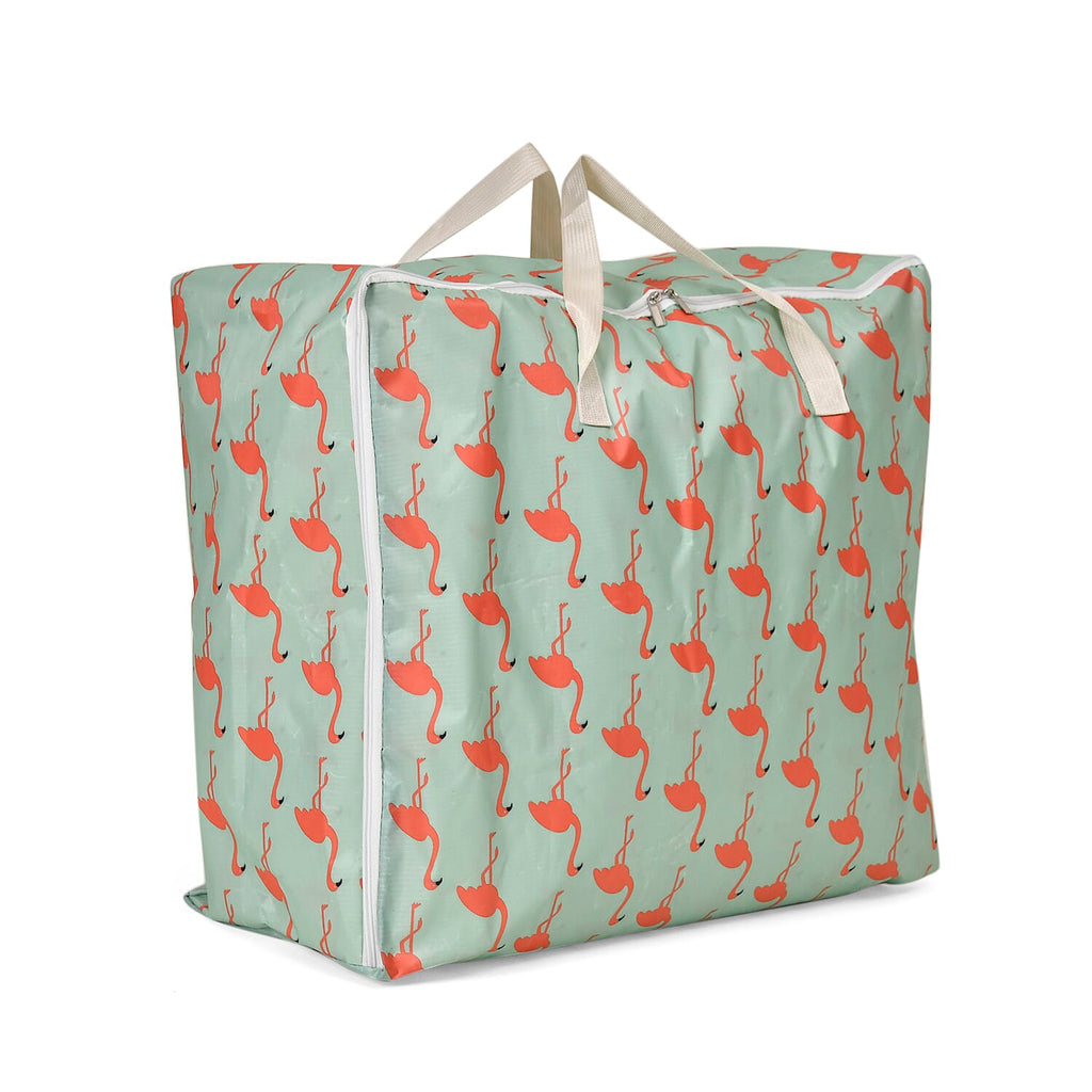 Set of 3 Flamingo Pattern Storage Bags - Green