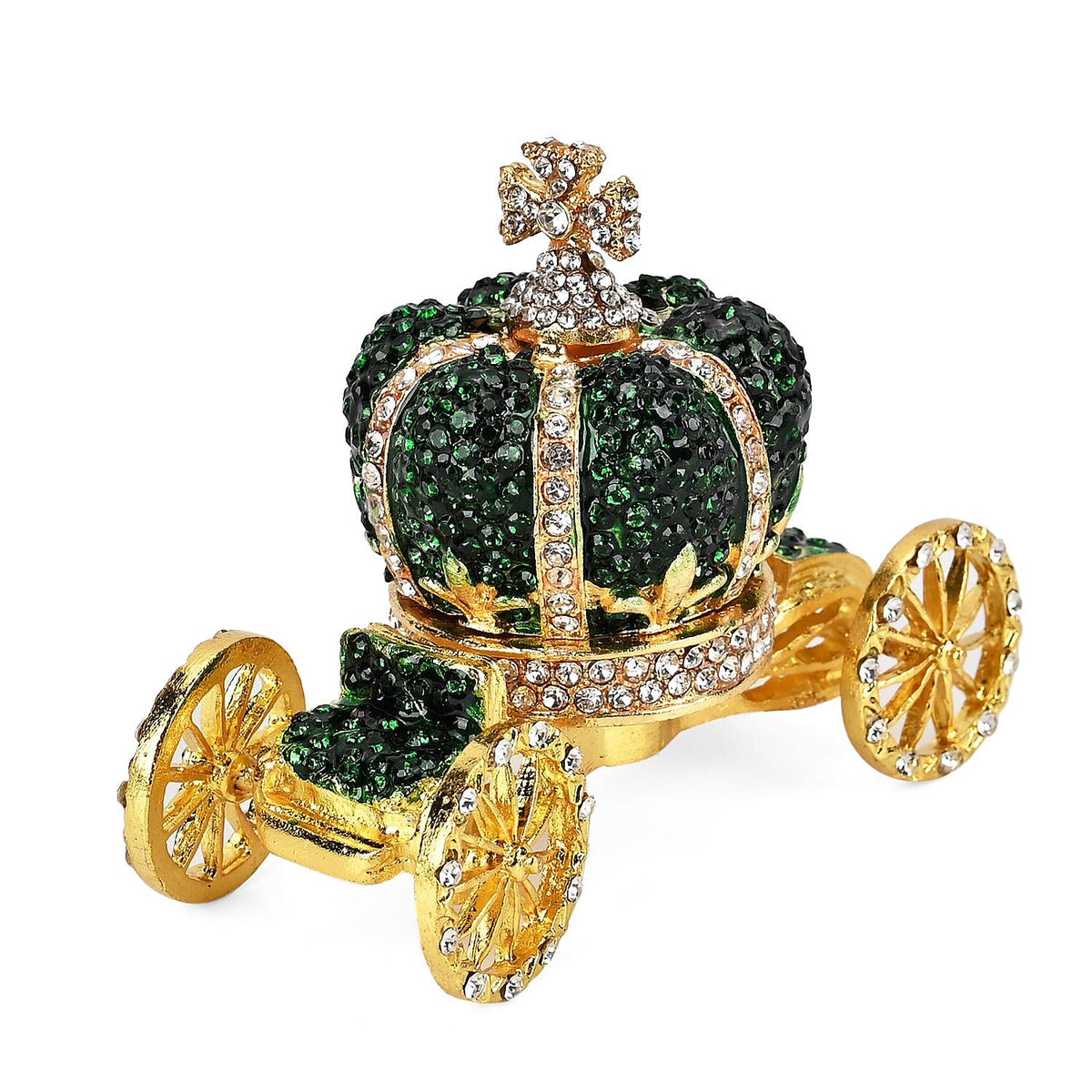 Pumpkin Cart Hand Painted Trinket Storage Box Enamelled With Sparkling Crystals - Green and Gold 7629003 0