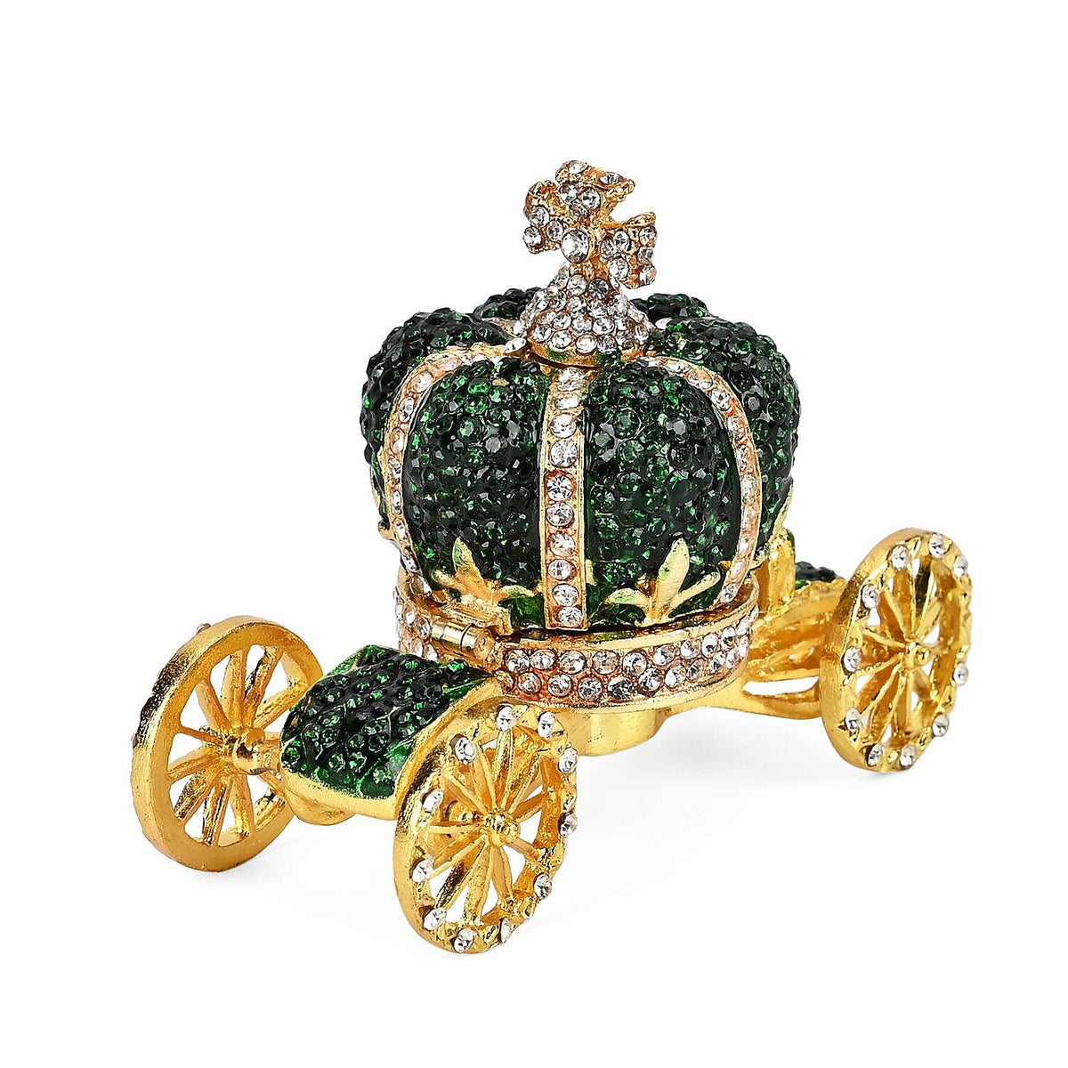 Pumpkin Cart Hand Painted Trinket Storage Box Enamelled With Sparkling Crystals - Green and Gold 7629003 3