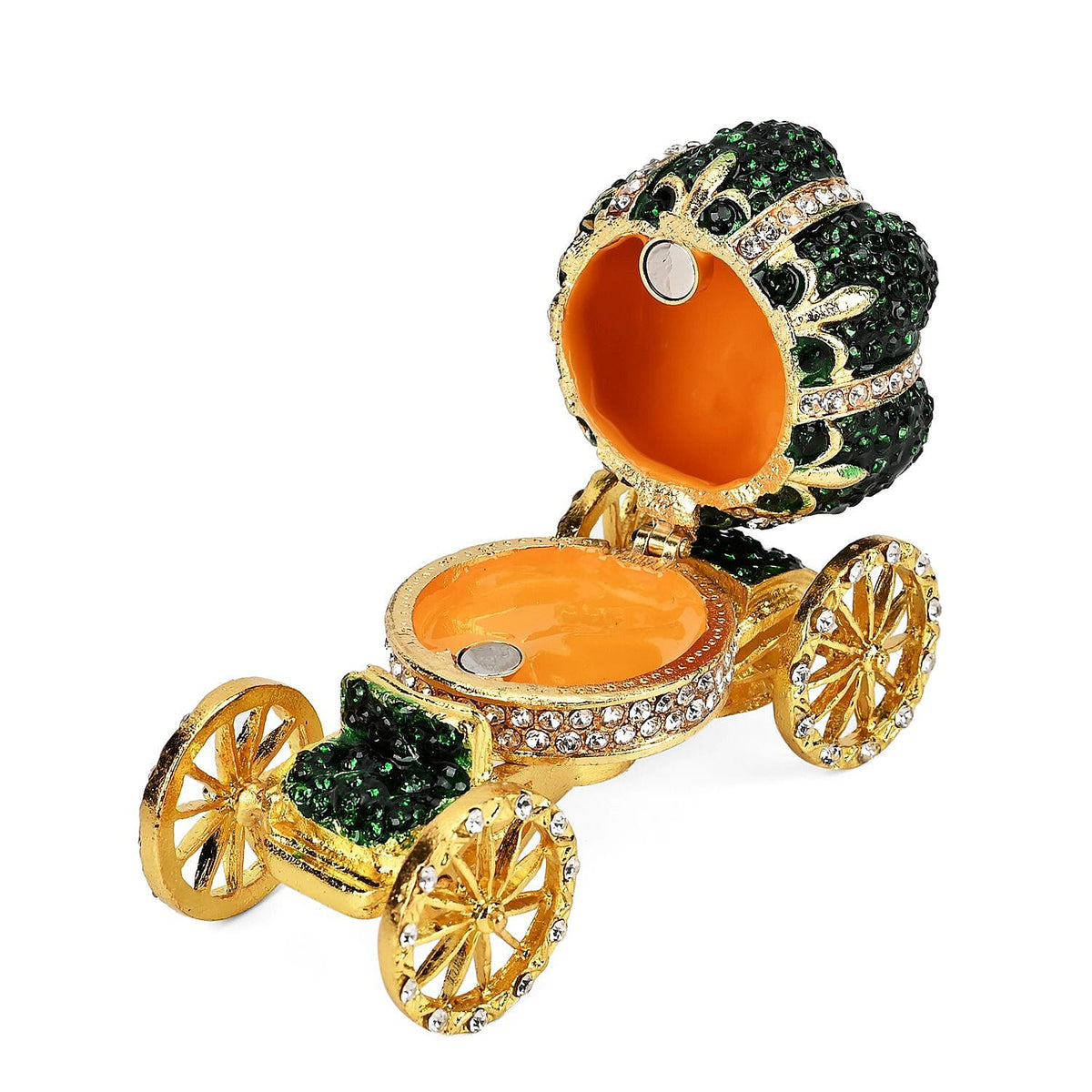 Pumpkin Cart Hand Painted Trinket Storage Box Enamelled With Sparkling Crystals - Green and Gold 7629003 4