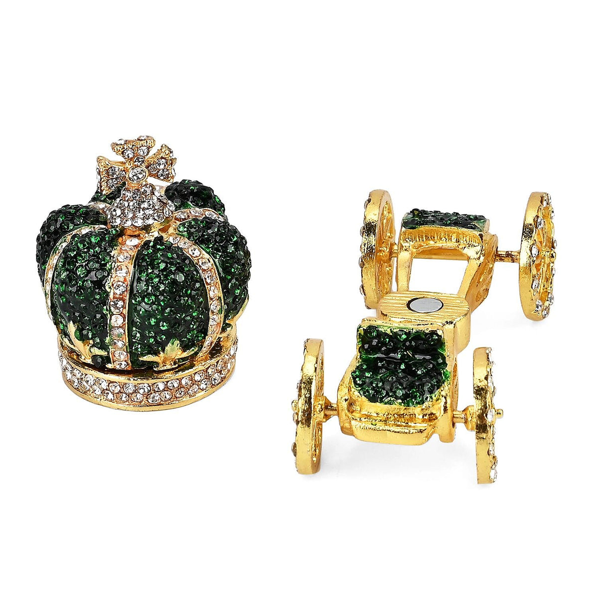 Pumpkin Cart Hand Painted Trinket Storage Box Enamelled With Sparkling Crystals - Green and Gold 7629003 5