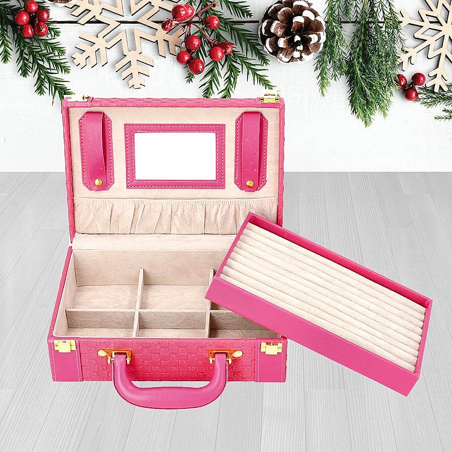 Fuchsia Colour Woven Pattern Briefcase Design Double Layer Jewellery Box with Mirror Inside (Size 27.5X18.5X9 Cm) 3020826 2
