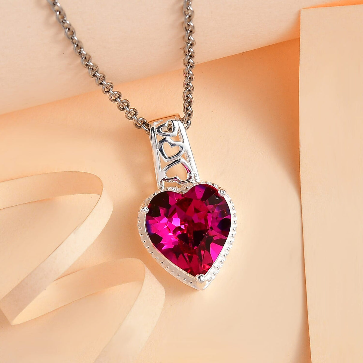 Fuchsia Austrian Crystal Sterling Silver Heart Pendant with Stainless Steel Chain (Size 20) 7553461 1