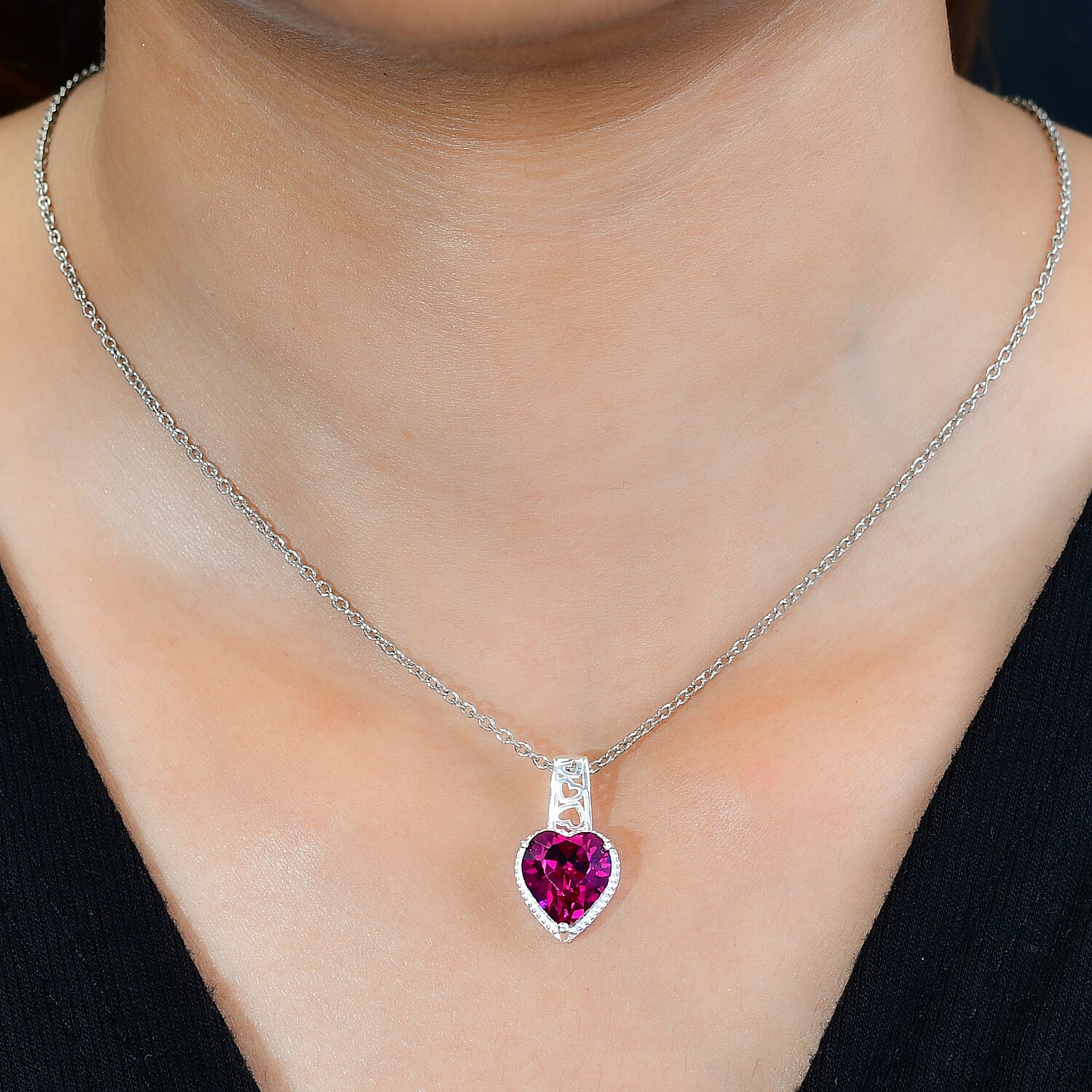 Fuchsia Austrian Crystal Sterling Silver Heart Pendant with Stainless Steel Chain (Size 20) 7553461 2