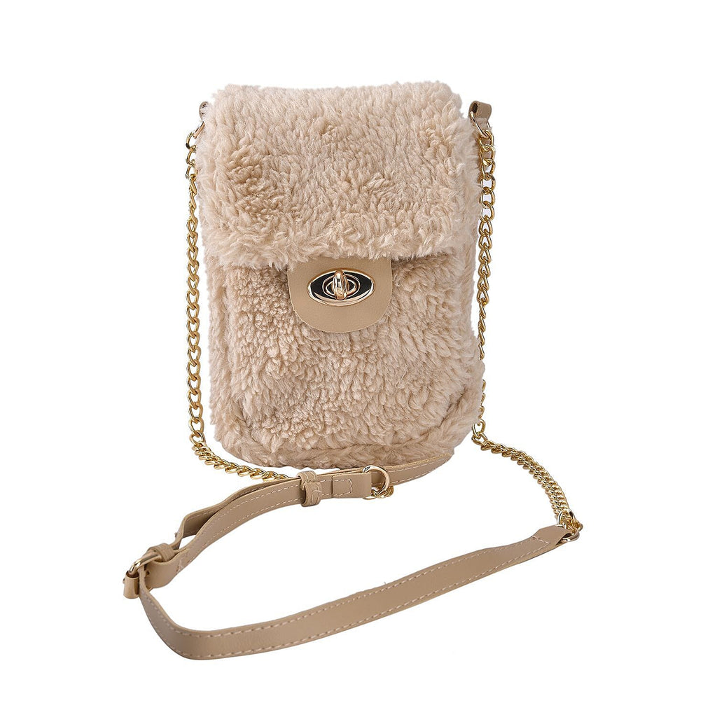 Fur Crossbody Bag with RFID Protection (Size 16x20x3 Cm) - Beige