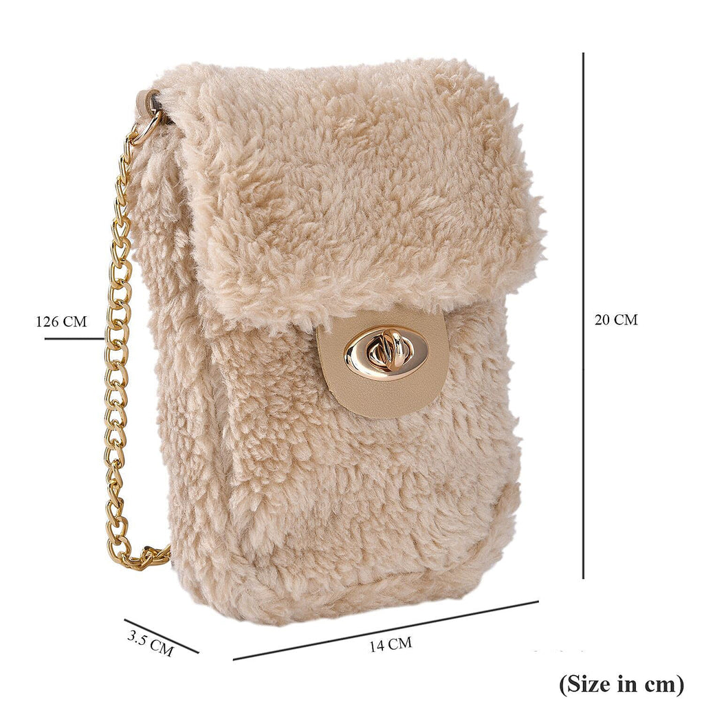 Fur Crossbody Bag with RFID Protection (Size 16x20x3 Cm) - Beige