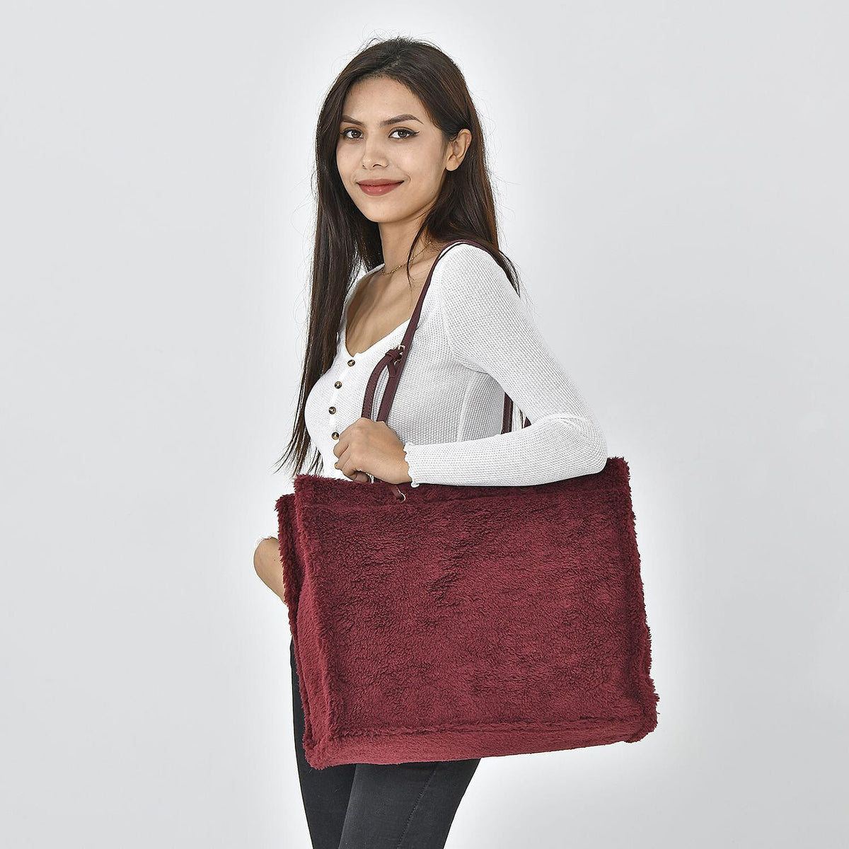 Fur Tote Bag with Hand Drop - Burgundy 7164202 1