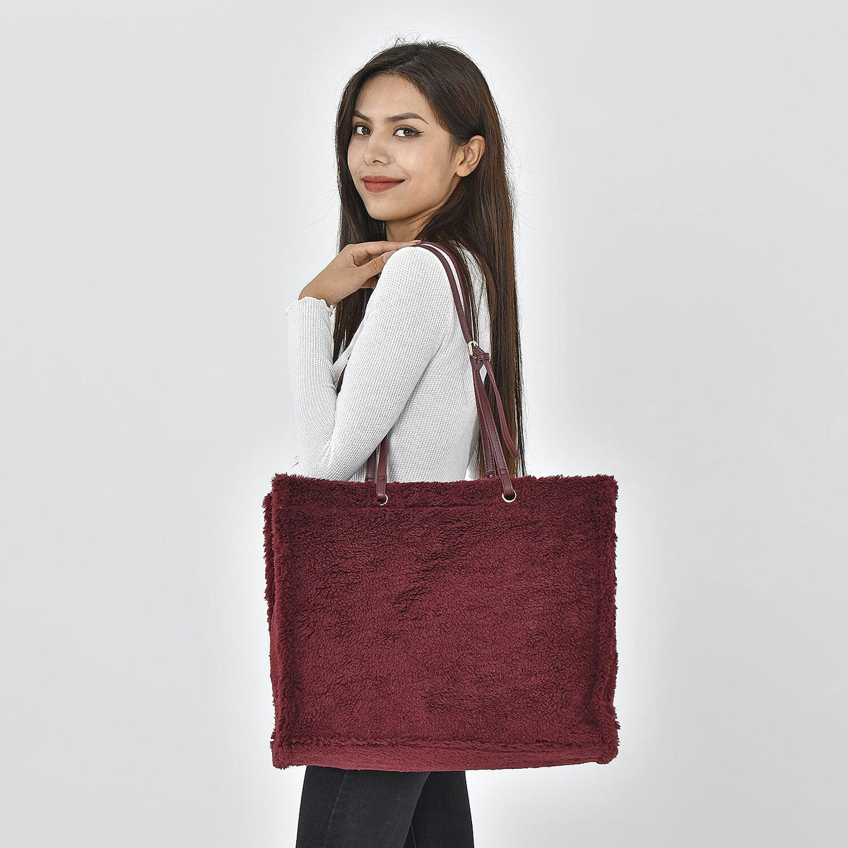 Fur Tote Bag with Hand Drop - Burgundy 7164202 2