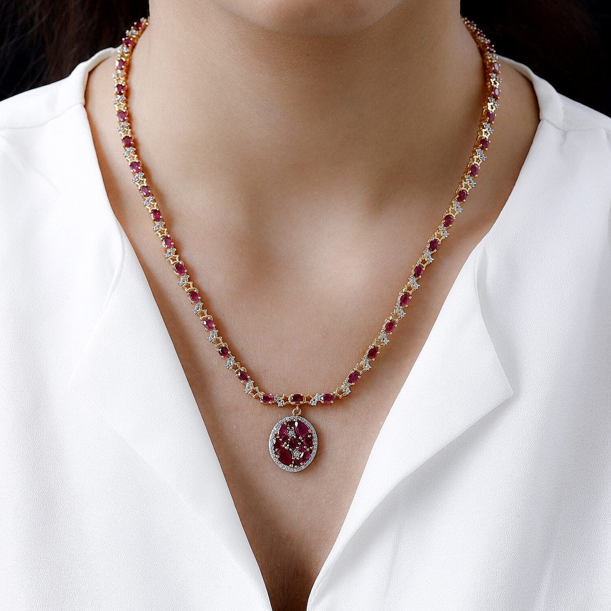 GP - African Ruby, White Zircon, Fancy Necklace (Size - 20) in 18K Vermeil Yellow Gold Plated Sterling Silver V32684694 2