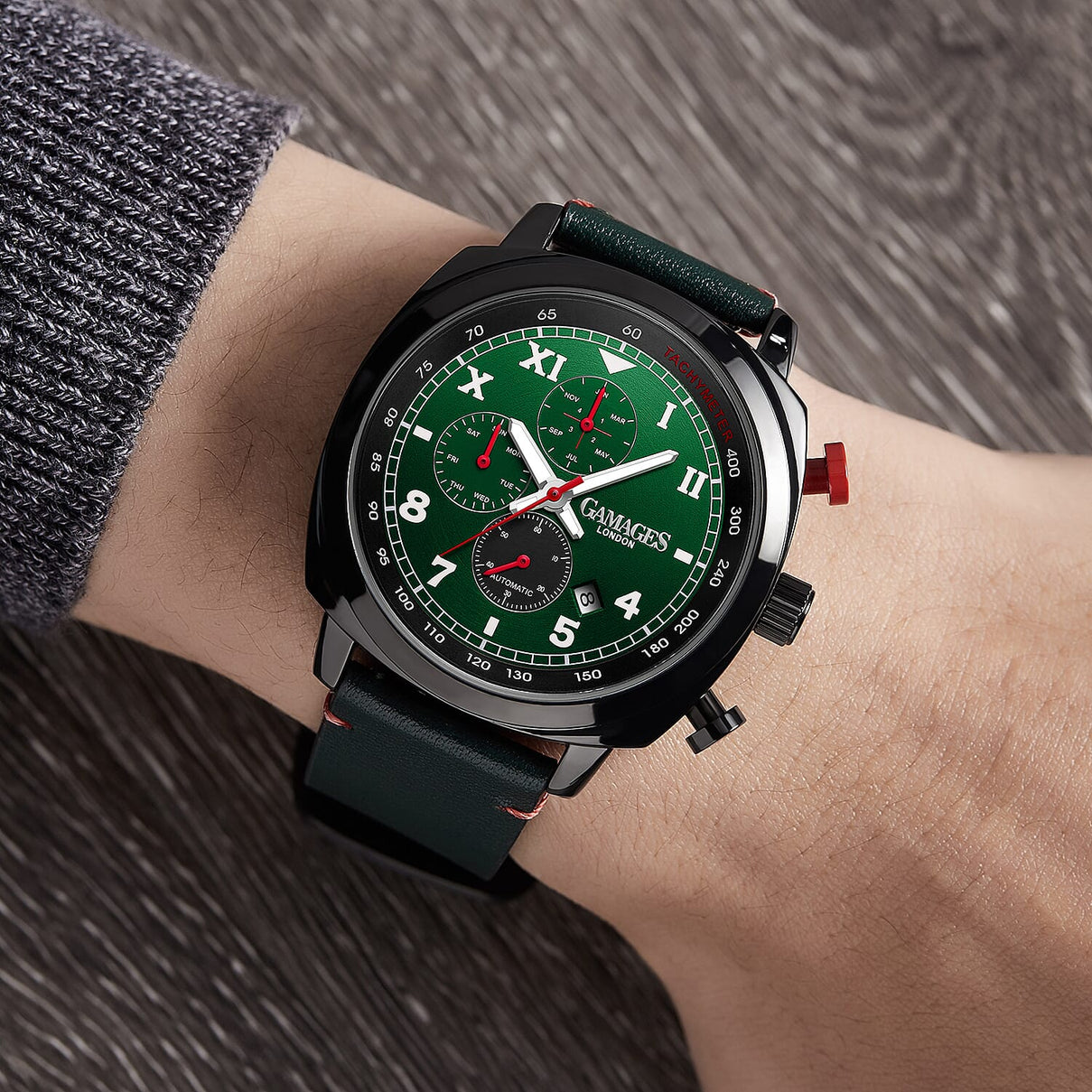 GAMAGES OF LONDON Apex Automatic Watch with Leather Strap - Green 6295212 1