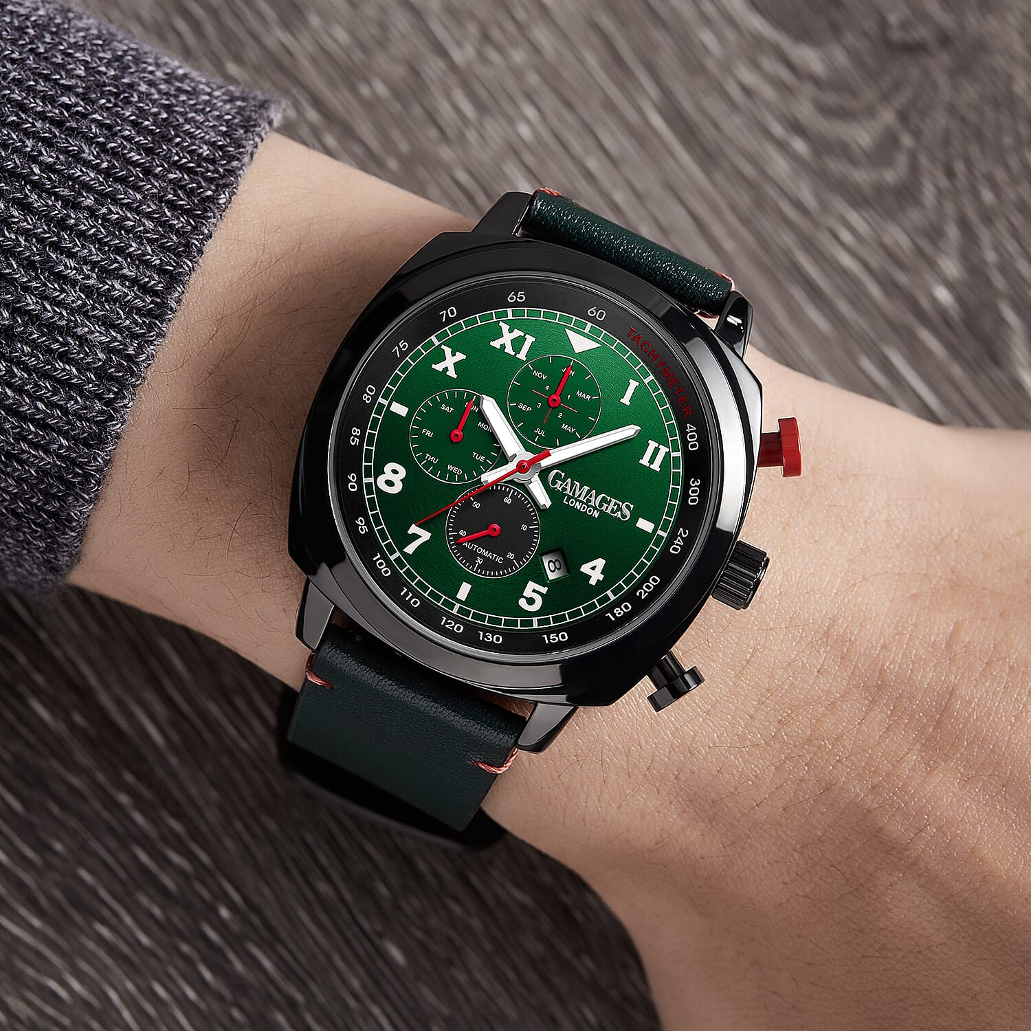 GAMAGES OF LONDON Apex Automatic Watch with Leather Strap - Green 6295212 1