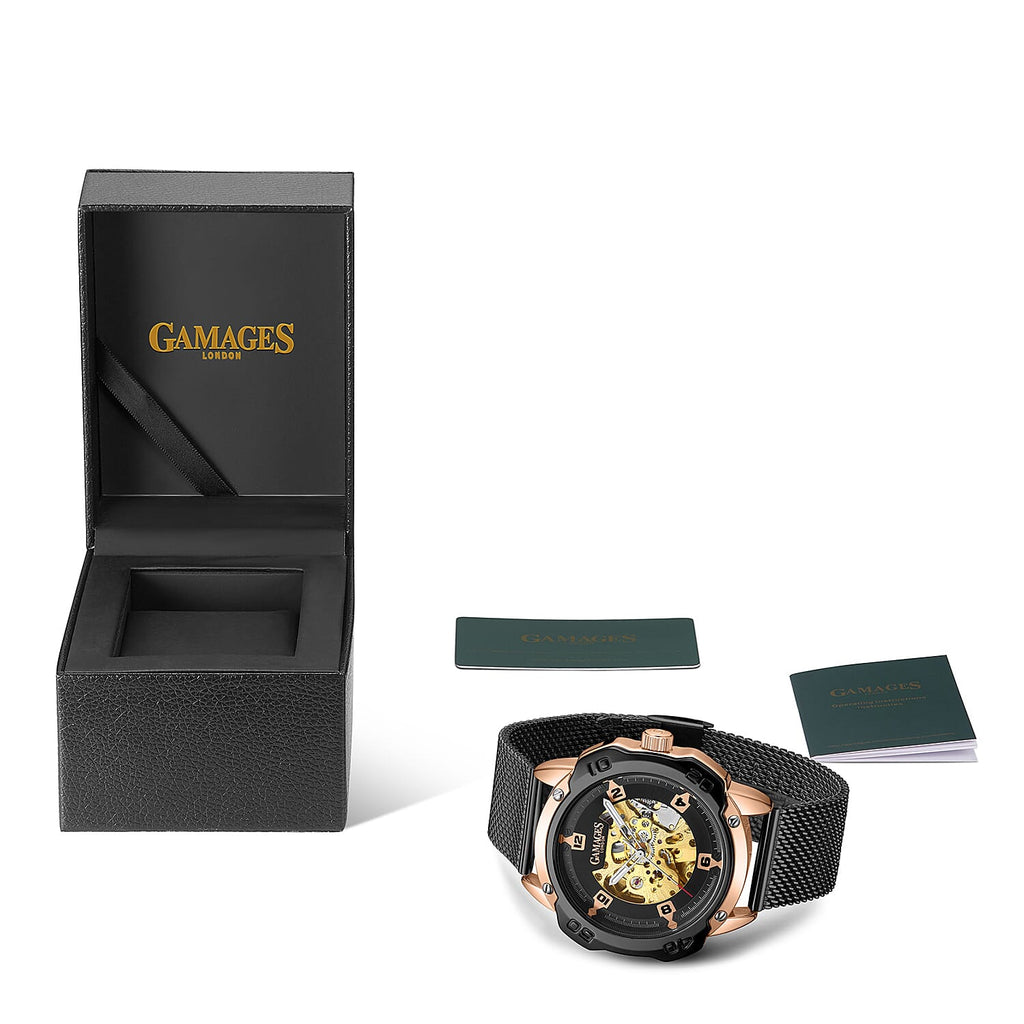 GAMAGES OF LONDON Bionic Automatic Movement Black Dial Water Resistant Watch with Black Colour Mesh Bracelet