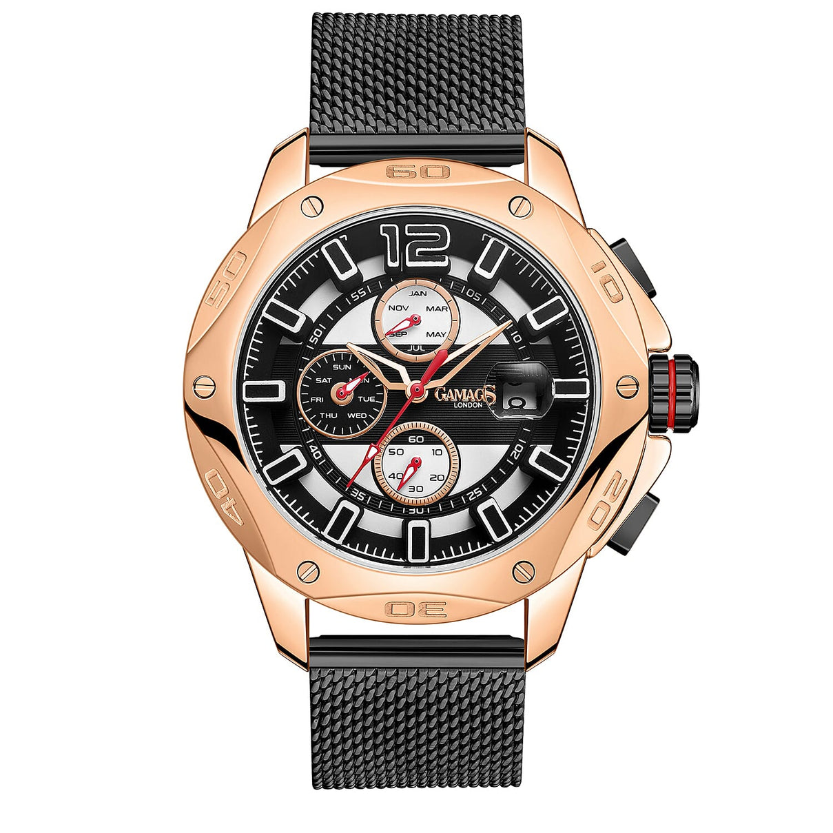 GAMAGES OF LONDON Centurion Automatic Movement Water Resistant Watch with Rose Gold and Black Colour Mesh Bracelet 7017063 0