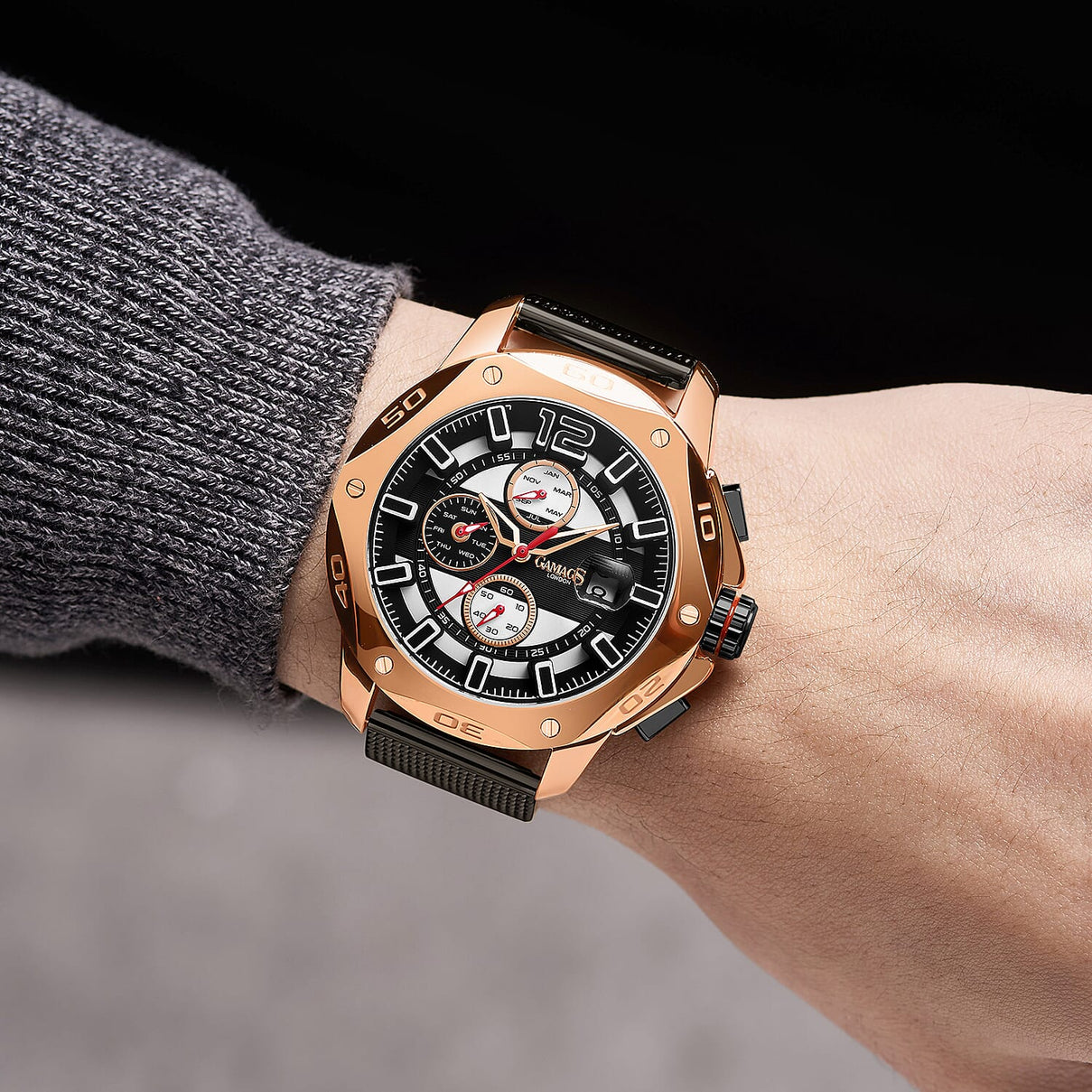 GAMAGES OF LONDON Centurion Automatic Movement Water Resistant Watch with Rose Gold and Black Colour Mesh Bracelet 7017063 1