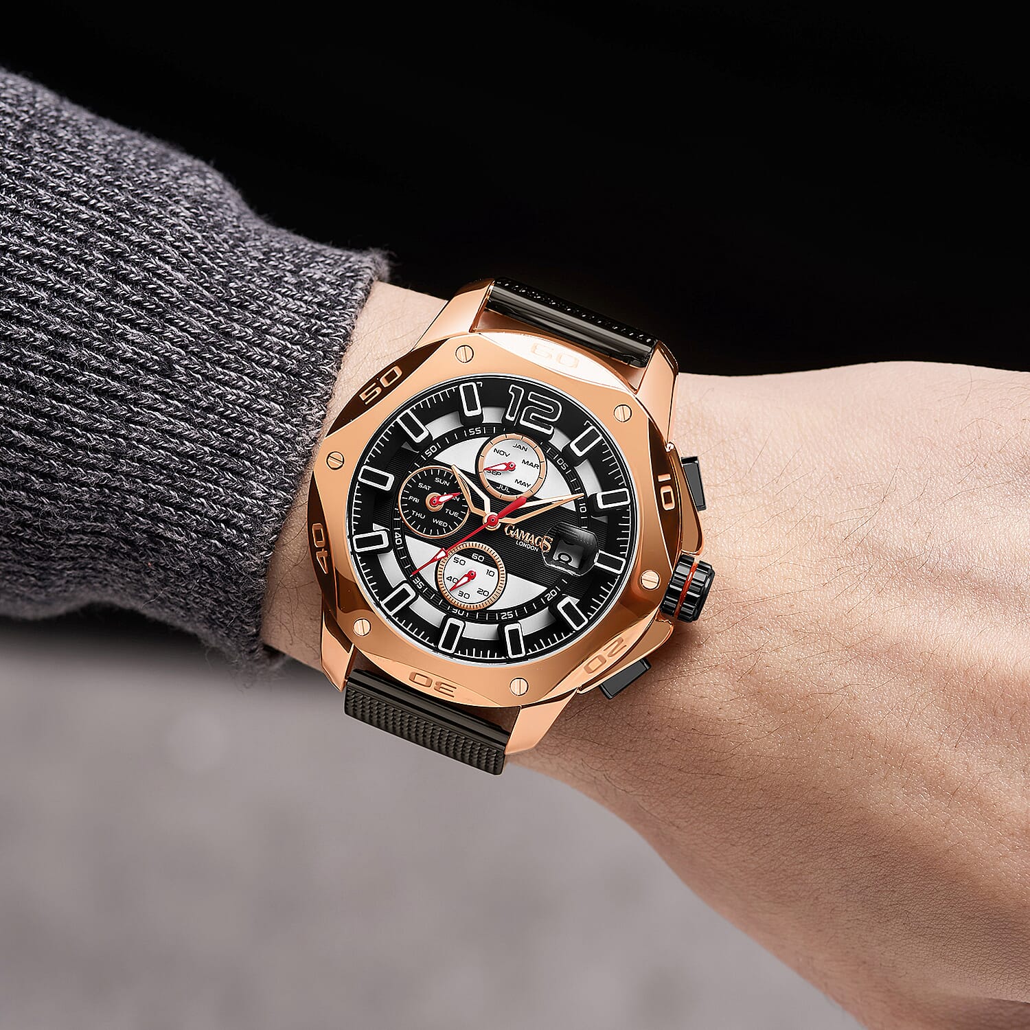 GAMAGES OF LONDON Centurion Automatic Movement Water Resistant Watch with Rose Gold and Black Colour Mesh Bracelet 7017063 1
