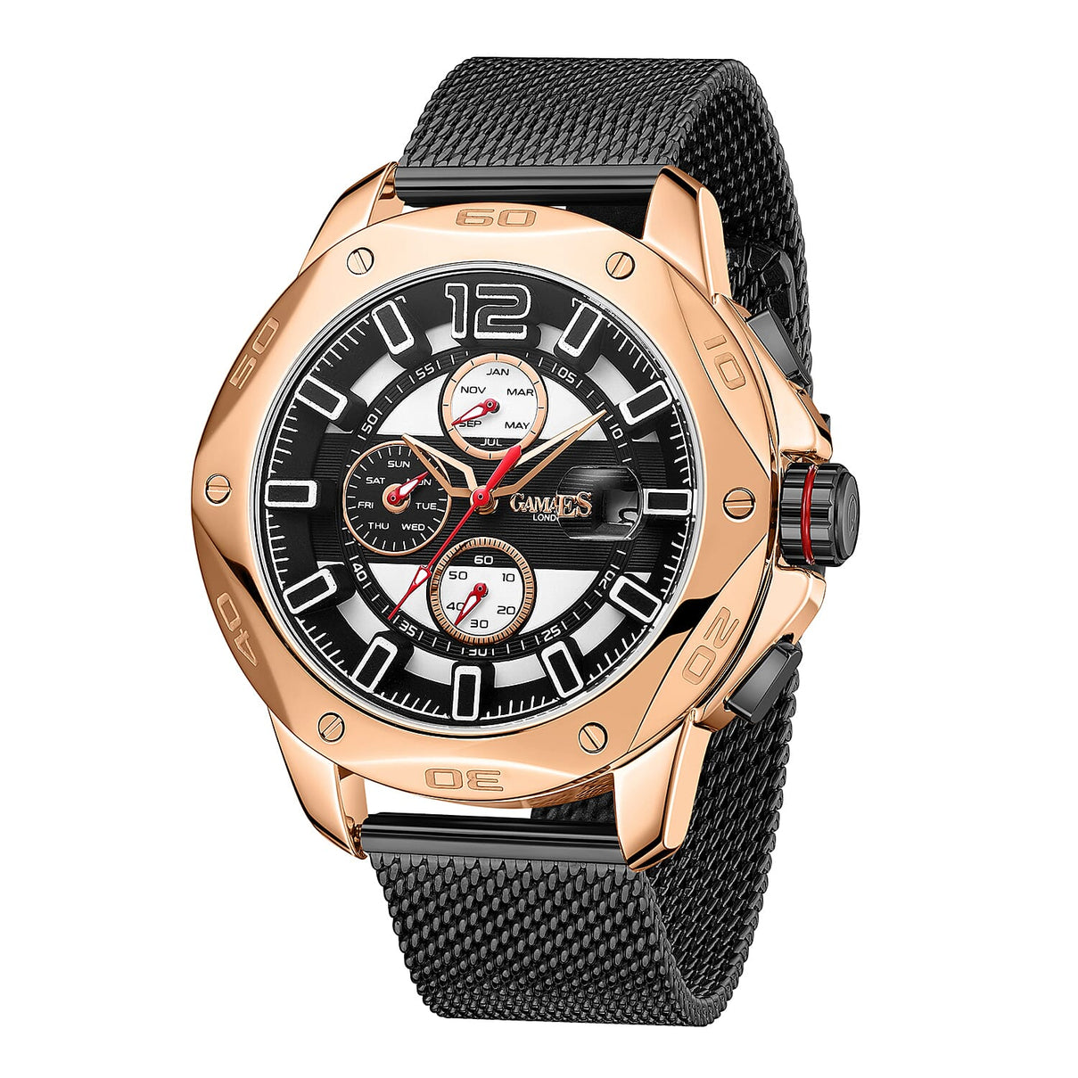 GAMAGES OF LONDON Centurion Automatic Movement Water Resistant Watch with Rose Gold and Black Colour Mesh Bracelet 7017063 3