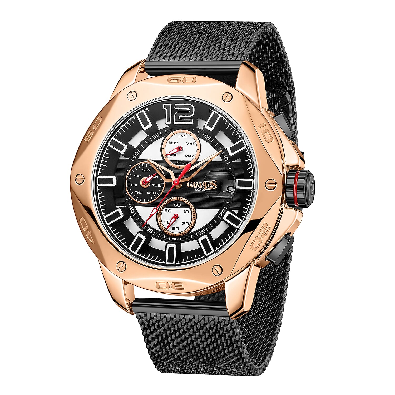 GAMAGES OF LONDON Centurion Automatic Movement Water Resistant Watch with Rose Gold and Black Colour Mesh Bracelet 7017063 3