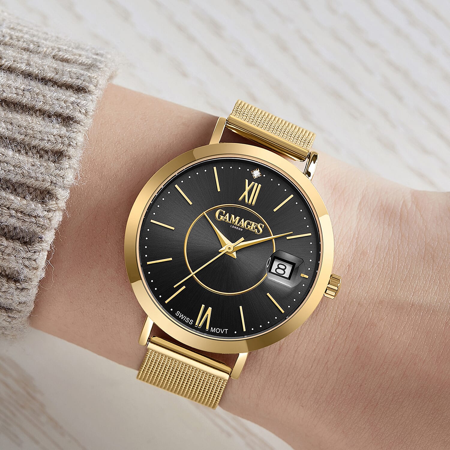 GAMAGES OF LONDON Diamond Studded Women's Watch - Gold and Black 6040616 1