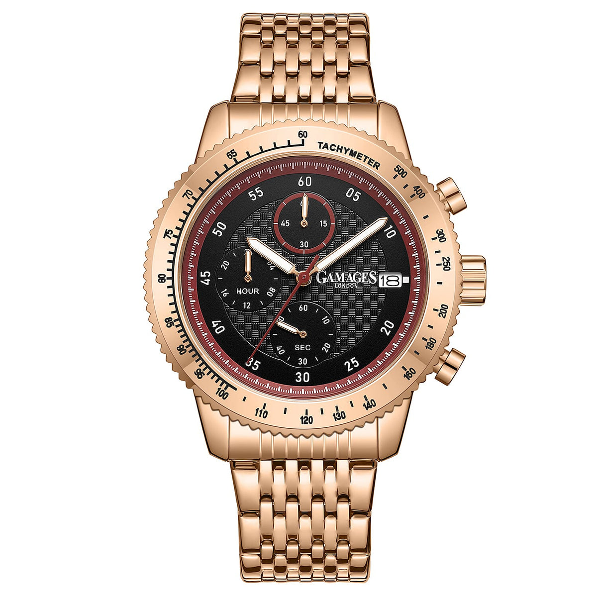 GAMAGES OF LONDON Duke Mechanical Quartz Movement 5ATM Water Resistant Black Dial Mens Watch with Rose Gold Stainless Steel Chain Strap 8352933 0