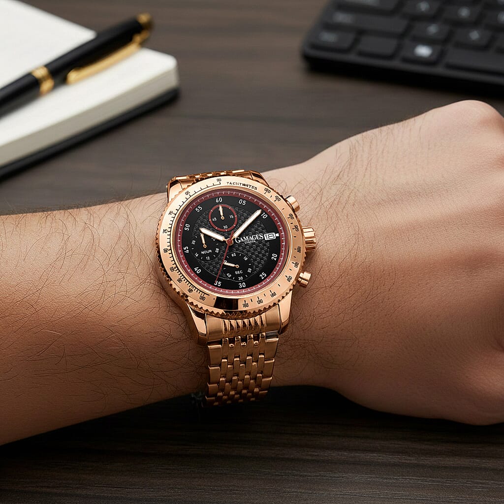 GAMAGES OF LONDON Duke Mechanical Quartz Movement 5ATM Water Resistant Black Dial Mens Watch with Rose Gold Stainless Steel Chain Strap 8352933 2