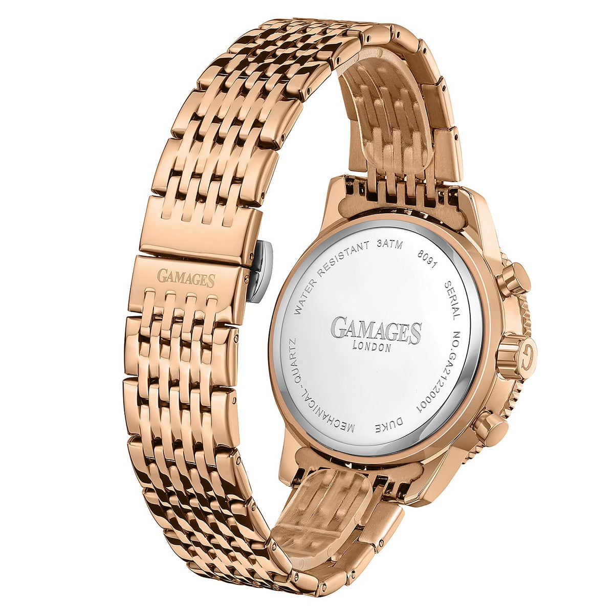 GAMAGES OF LONDON Duke Mechanical Quartz Movement 5ATM Water Resistant Black Dial Mens Watch with Rose Gold Stainless Steel Chain Strap 8352933 4