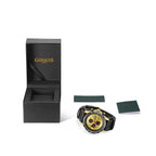 GAMAGES OF LONDON Gauge Racer Automatic Yellow Dial Watch with Black Leather Strap