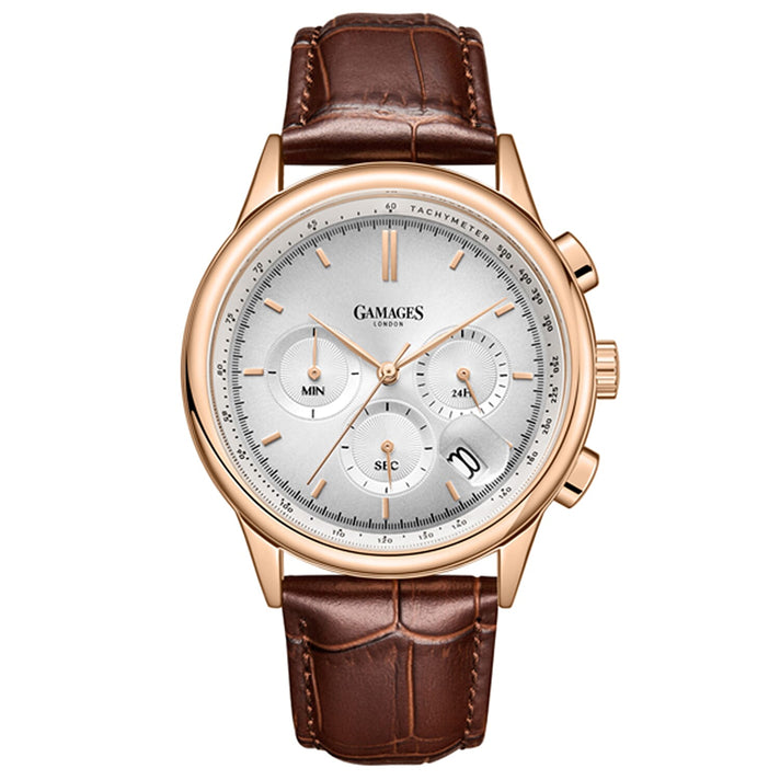 GAMAGES OF LONDON Imperium Mechanical Japan VK63 Movement 3ATM WR Rose and White Oil-Pressed Dial Men's Watch with Brown Leather Strap 8196275 1