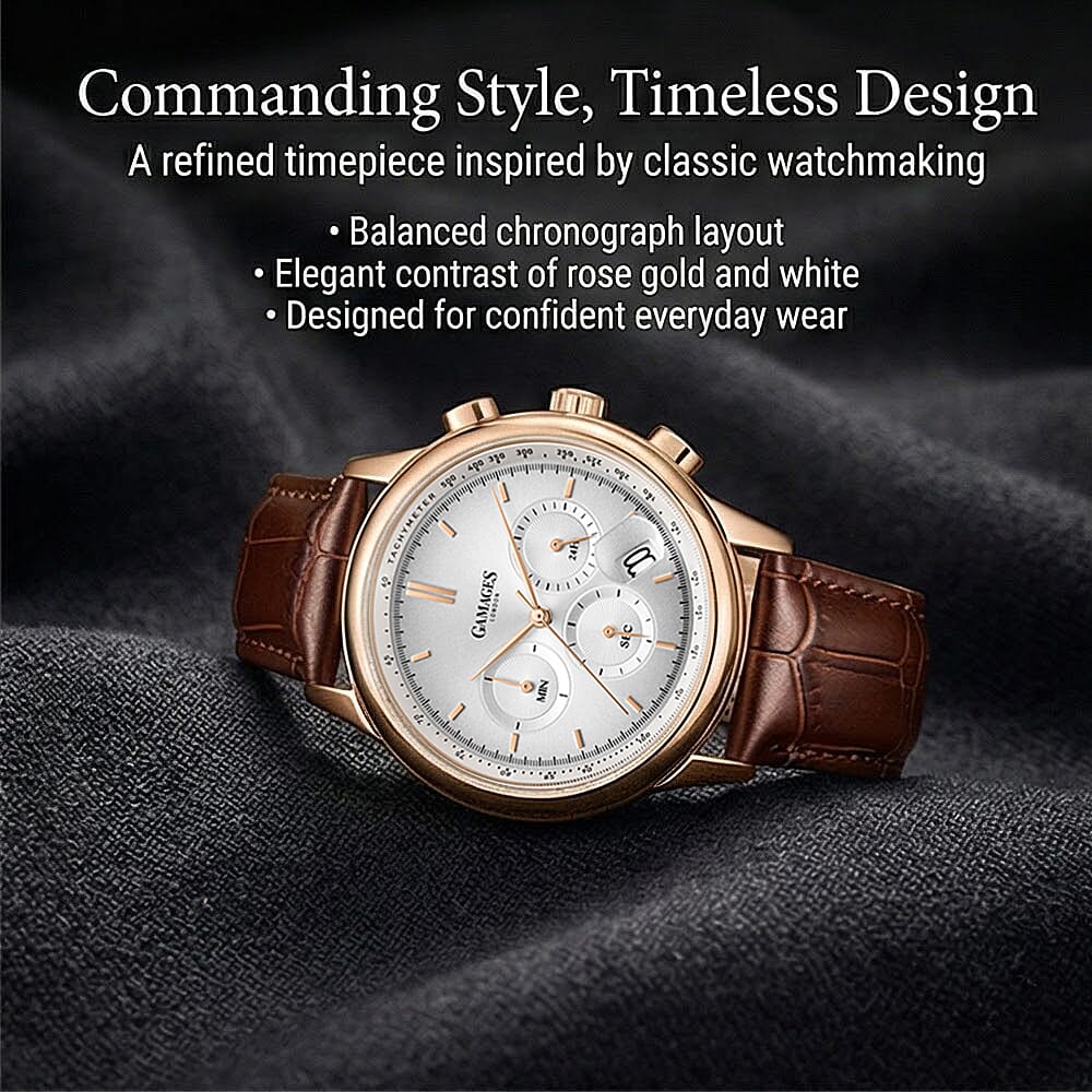 GAMAGES OF LONDON Imperium Mechanical Japan VK63 Movement 3ATM WR Rose and White Oil-Pressed Dial Men's Watch with Brown Leather Strap 8196275 1