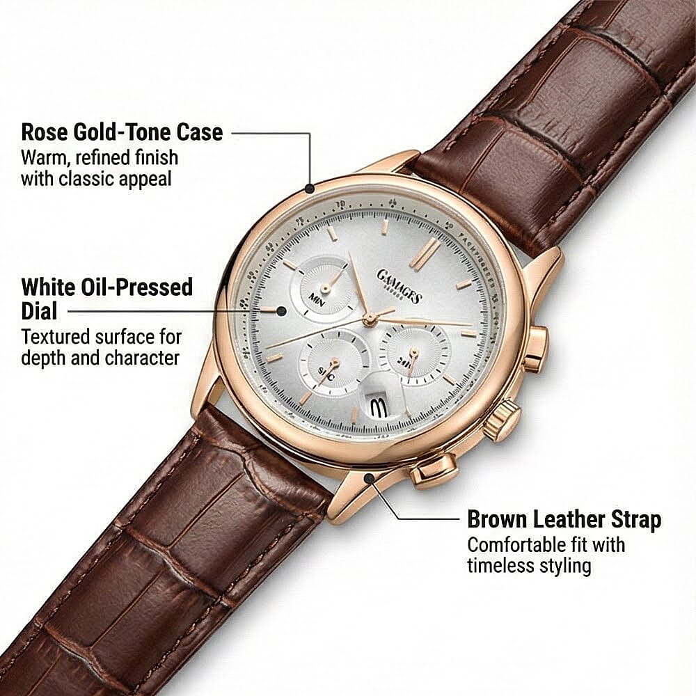 GAMAGES OF LONDON Imperium Mechanical Japan VK63 Movement 3ATM WR Rose and White Oil-Pressed Dial Men's Watch with Brown Leather Strap 8196275 2