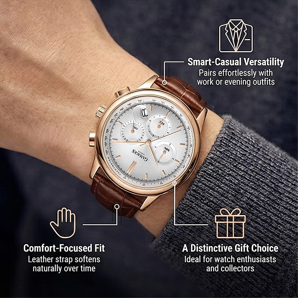 GAMAGES OF LONDON Imperium Mechanical Japan VK63 Movement 3ATM WR Rose and White Oil-Pressed Dial Men's Watch with Brown Leather Strap 8196275 3