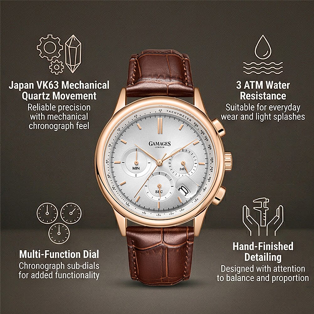 GAMAGES OF LONDON Imperium Mechanical Japan VK63 Movement 3ATM WR Rose and White Oil-Pressed Dial Men's Watch with Brown Leather Strap 8196275 4