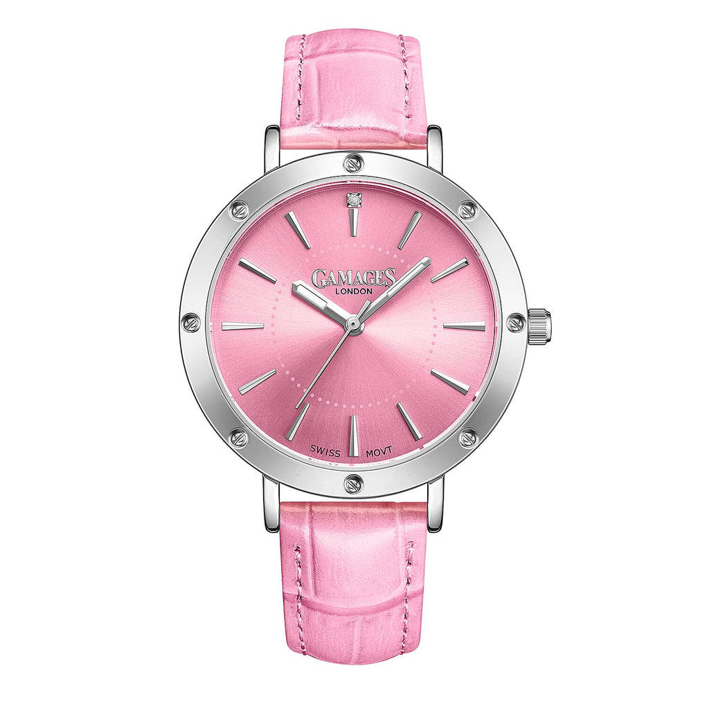 Gamages Of London Ladies Distinguished Pink Dial Diamond Studded Water Resistant Watch with Pink Leather Strap
