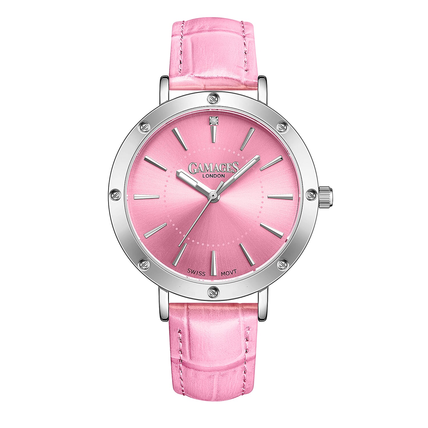 GAMAGES OF LONDON Ladies Distinguished Pink Dial Diamond Studded Water Resistant Watch with Pink Leather Strap 8881217 0