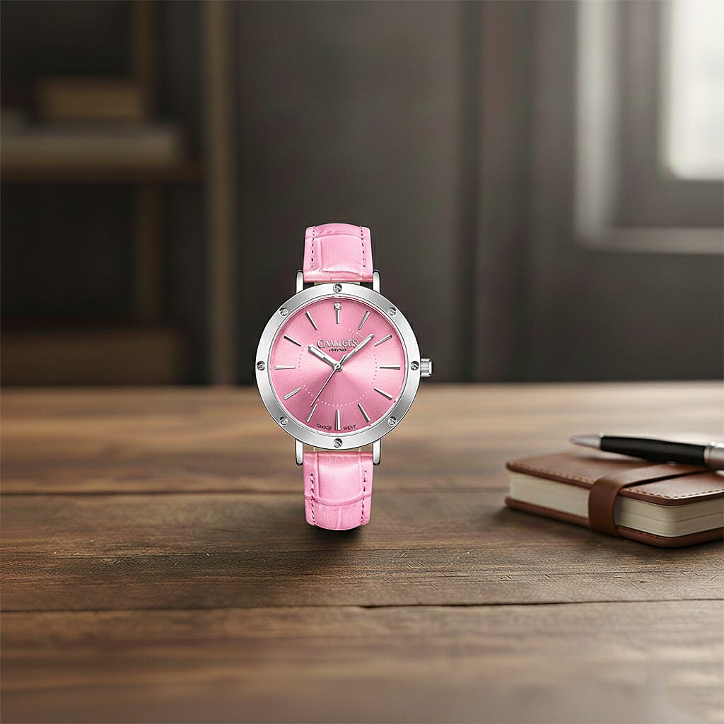 GAMAGES OF LONDON Ladies Distinguished Pink Dial Diamond Studded Water Resistant Watch with Pink Leather Strap 8881217 1
