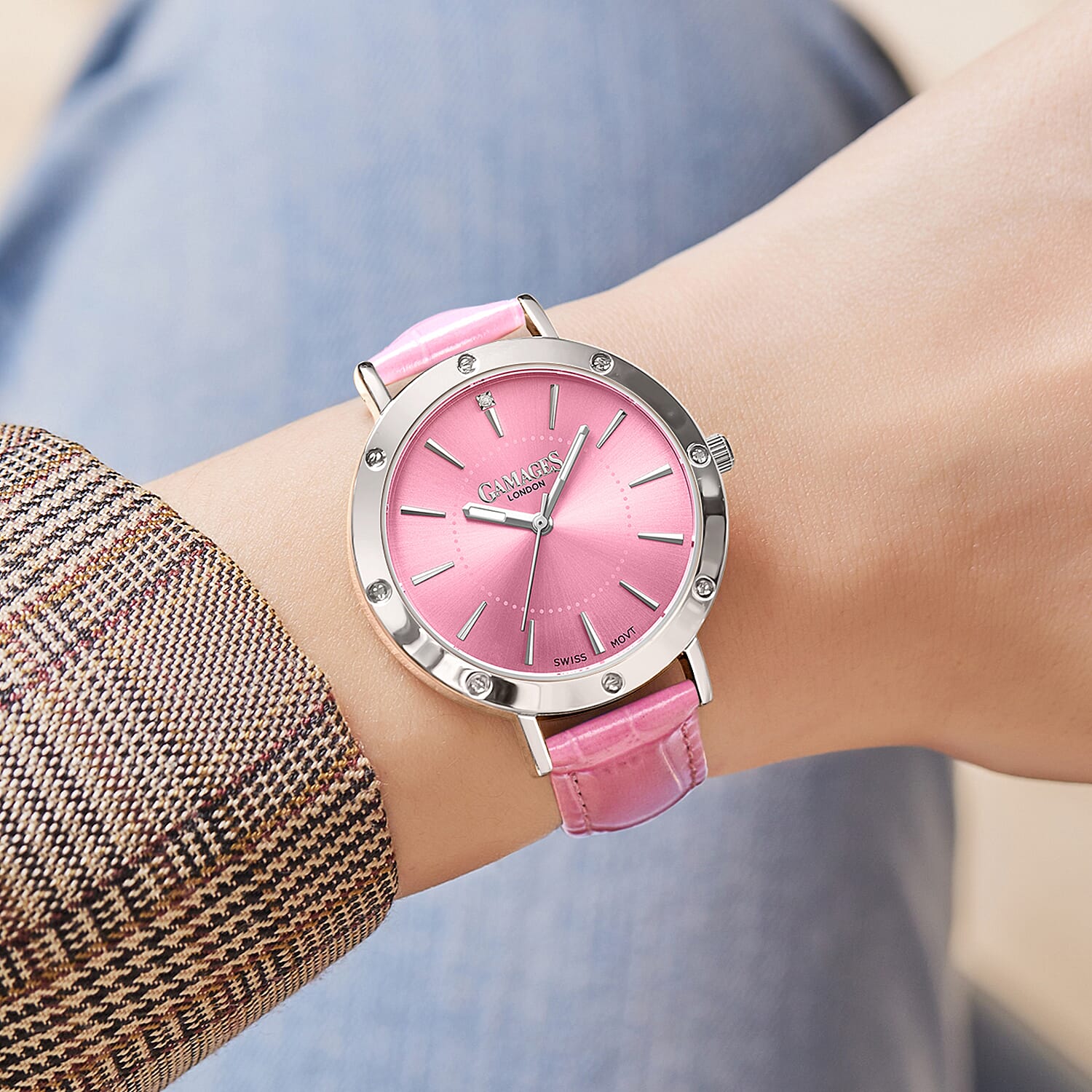 GAMAGES OF LONDON Ladies Distinguished Pink Dial Diamond Studded Water Resistant Watch with Pink Leather Strap 8881217 2