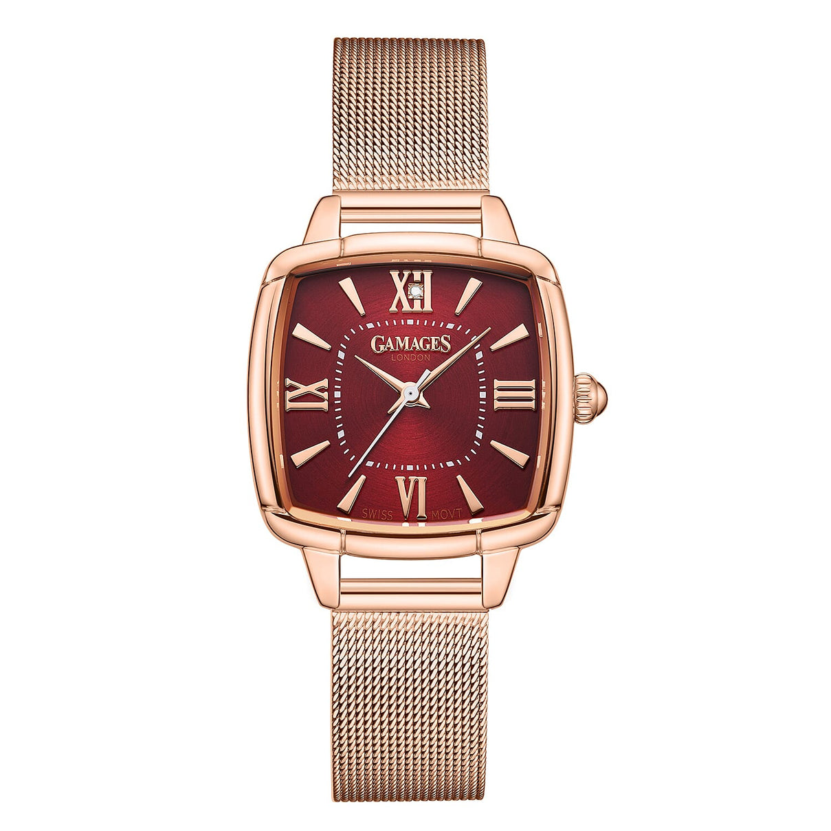 GAMAGES OF LONDON Ladies Duchess Swiss Quartz Movement Diamond Studded Red Dial Water Resistant Watch with Rose Mesh Bracelet 7594569 0