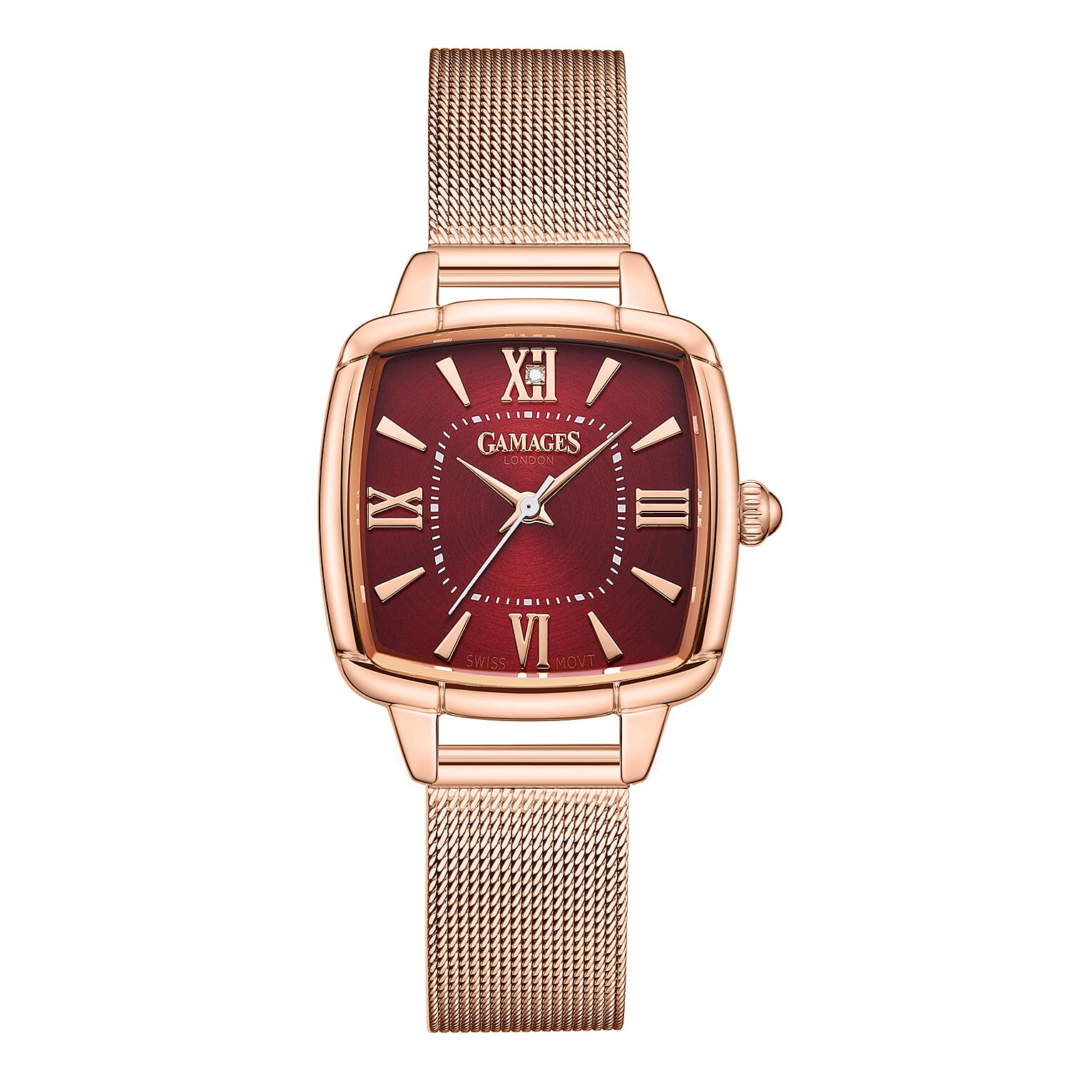 GAMAGES OF LONDON Ladies Duchess Swiss Quartz Movement Diamond Studded Red Dial Water Resistant Watch with Rose Mesh Bracelet 7594569 0