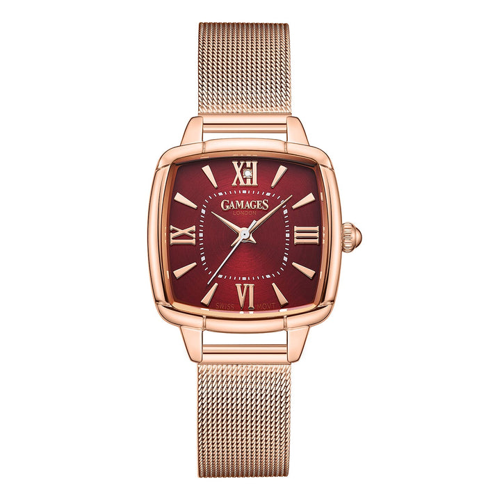 GAMAGES OF LONDON Ladies Duchess Swiss Quartz Movement Diamond Studded Red Dial Water Resistant Watch with Rose Mesh Bracelet 7594569 1