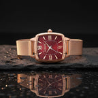 GAMAGES OF LONDON Ladies Duchess Swiss Quartz Movement Diamond Studded Red Dial Water Resistant Watch with Rose Mesh Bracelet