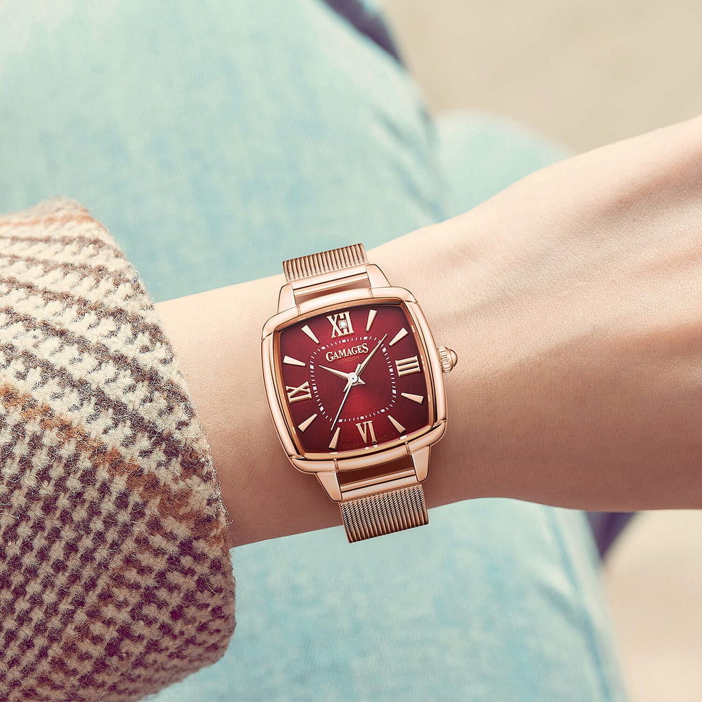 GAMAGES OF LONDON Ladies Duchess Swiss Quartz Movement Diamond Studded Red Dial Water Resistant Watch with Rose Mesh Bracelet