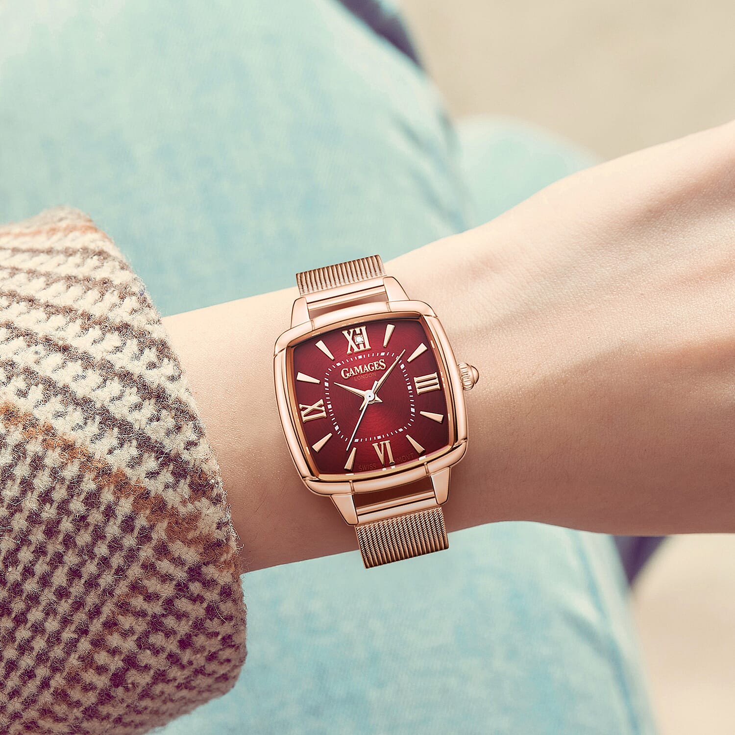 GAMAGES OF LONDON Ladies Duchess Swiss Quartz Movement Diamond Studded Red Dial Water Resistant Watch with Rose Mesh Bracelet 7594569 2