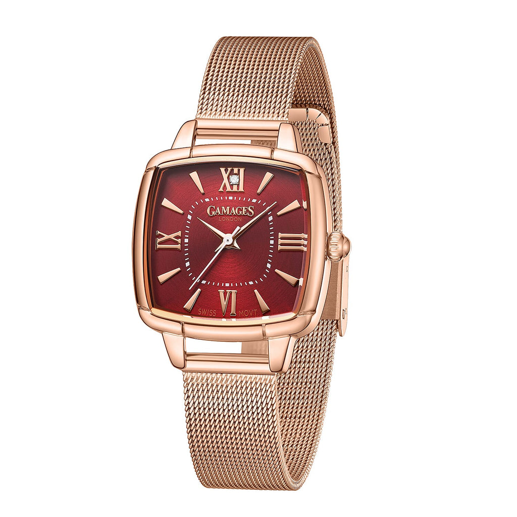 GAMAGES OF LONDON Ladies Duchess Swiss Quartz Movement Diamond Studded Red Dial Water Resistant Watch with Rose Mesh Bracelet