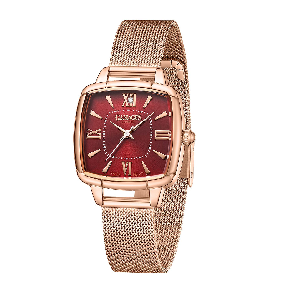 GAMAGES OF LONDON Ladies Duchess Swiss Quartz Movement Diamond Studded Red Dial Water Resistant Watch with Rose Mesh Bracelet 7594569 3
