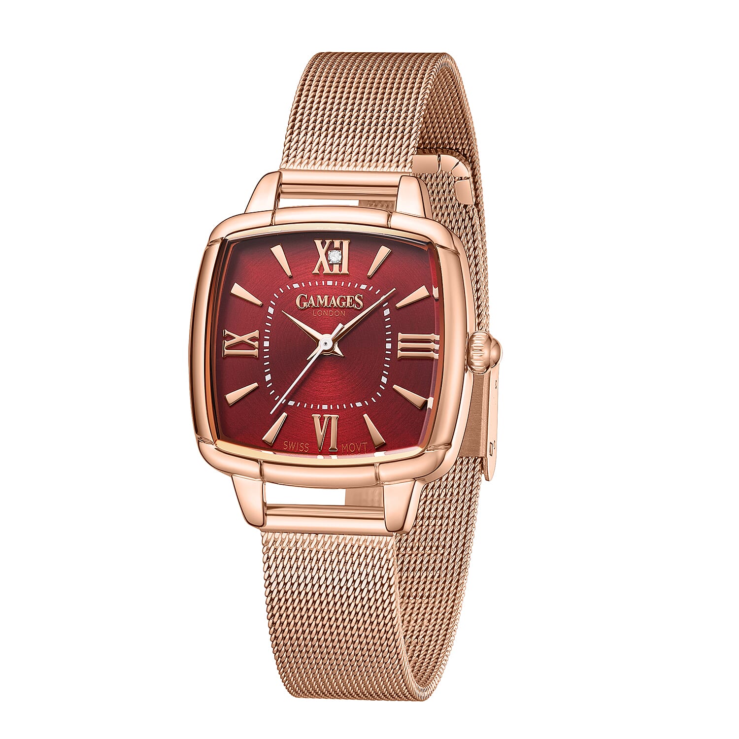 GAMAGES OF LONDON Ladies Duchess Swiss Quartz Movement Diamond Studded Red Dial Water Resistant Watch with Rose Mesh Bracelet 7594569 3